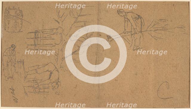 Soldiers felling sapling, and weaving saplings into baskets [verso], 1862. Creator: Winslow Homer.