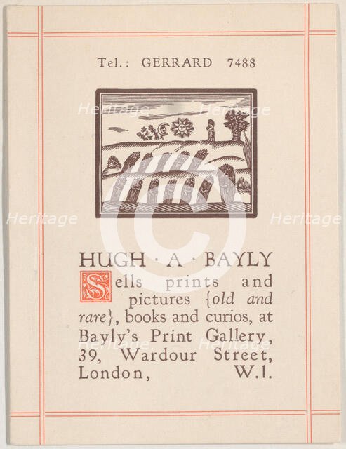 Trade card for Hugh A. Bayly, printseller, 19th century. Creator: Anon.