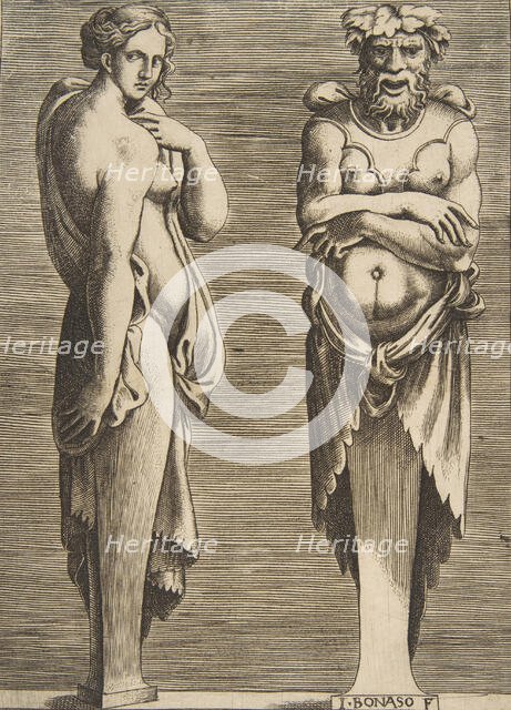 Two Terms, a Nymph at left Silvanus at right, ca. 1530-50. Creator: Giulio Bonasone.