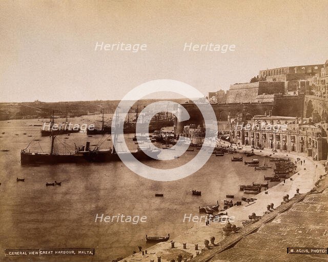 Malta: view of Grand Harbour and buildings along Barriera wharf towards Fort Lascaris and..., c1881. Creator: Horatio Agius.