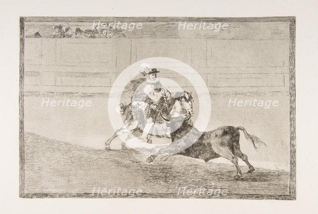 Plate 13 of the 'Tauromaquia': A Spanish mounted knight in the ring breaking short spears ..., 1816. Creator: Francisco Goya.