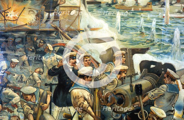 Naval battle between Russian and Japanese fleets, Russo-Japanese War, 1904-5. Artist: Unknown