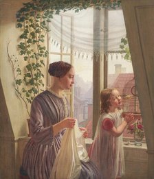 Interior with mother and daughter by window, 1853. Creator: Ludvig August Smith.