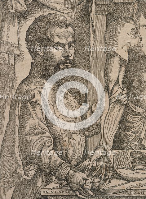 Andreas Vesalius dissecting the muscles of the forearm of a cadaver, 1543.  Artist: Steven van Calcar