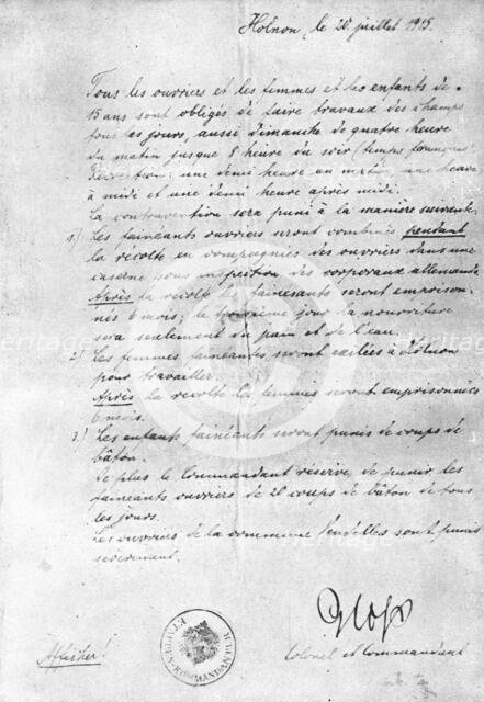 'Les Travaux Forces; Une affiche allemande; "les enfants faineants seront punis de coups..., 1915. Creator: Unknown.