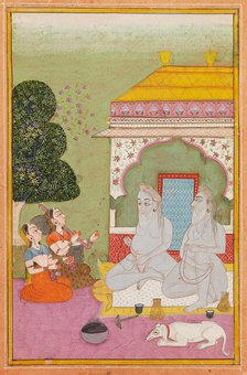 Two women playing for two holy men (sadhus), c1800. Creator: Unknown.