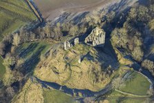 The remains of Clun Castle, a motte and bailey castle, Clun, Shropshire, 2024. Creator: Damian Grady.