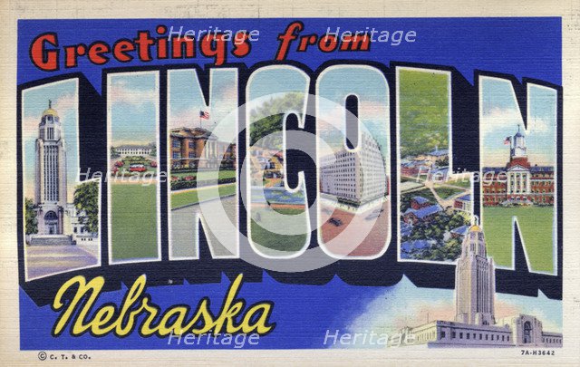 'Greetings from Lincoln, Nebraska', postcard, 1937. Artist: Unknown