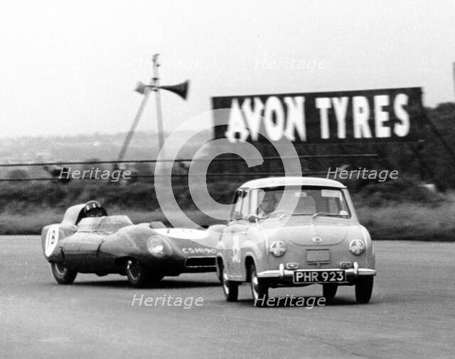 Goggomobil microcar competing in a 6 hour relay race at Silverstone, Northamptonshire, 1957. Creator: Unknown.