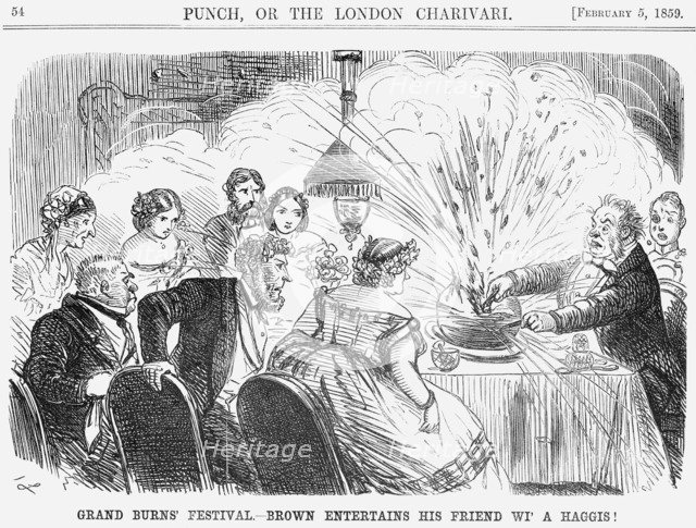 'Grand Burns' Festival. - Brown Entertains his Friend wi' a Haggis!', 1859. Artist: John Leech