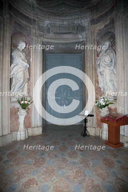 A statue of St Barbara (left) in the Mafra National Palace, Mafra, Portugal, 2009. Artist: Samuel Magal