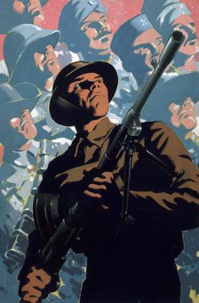 British soldier with bren gun, allied servicemen in background, between 1939 and 1946. Creators: Unknown, Central Office of Information.