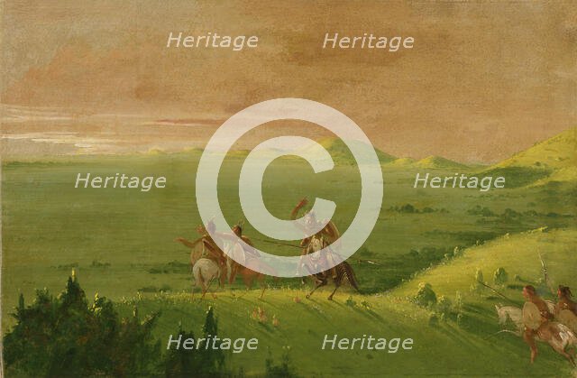 Comanche War Party, Chief Discovering the Enemy and Urging his Men at Sunrise, 1834-1835. Creator: George Catlin.