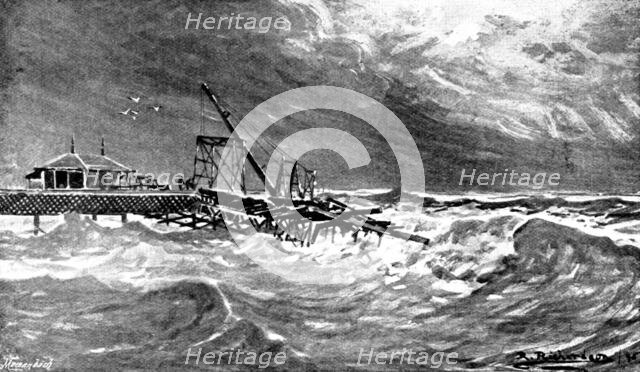 Destruction of the new part of Sandown Pier during a gale, 1895. Creator: George Meisenbach.