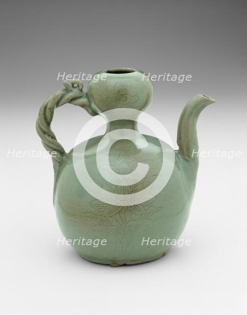 Gourd-Shaped Ewer with Twisted Rope Handle, Lotus Leaves, and Floral Sprays..., 12th century. Creator: Unknown.
