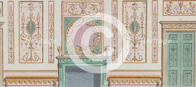 Interior Ornamented Wall with Doors and Fireplace, nos. 344-350..., March 20, 1785. Creator: Michelangelo Pergolesi.