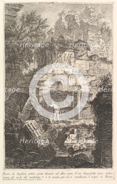 Ruins of an ancient tomb in front of ruins of an ancient aqueduct (Ruine di Sepolcro a..., ca. 1750. Creator: Giovanni Battista Piranesi.