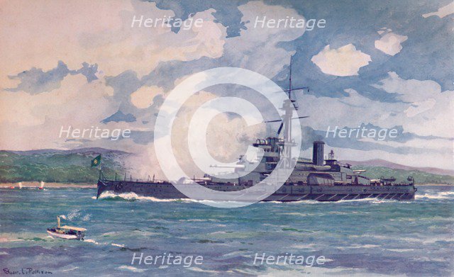 'The Brazilian Super-Dreadnought Minas Geraes nearing Rio', 1914. Artist: Edgar L Pattison.