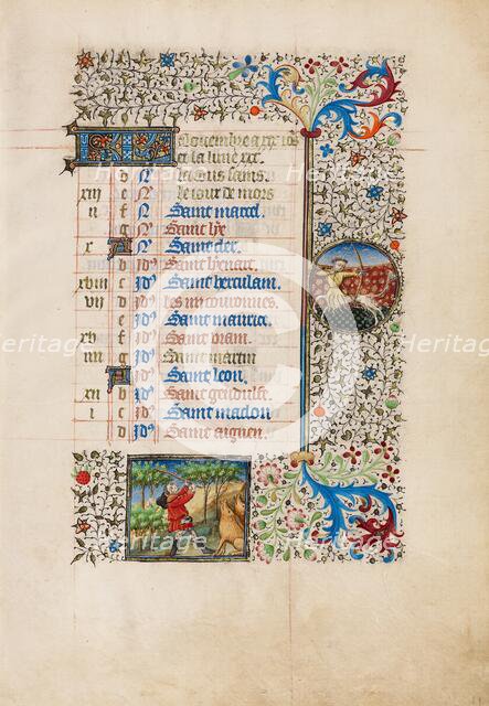 November Calendar Page: Gathering Acorns for Pigs: Sagittarius; Book of Hours, about 1440-1450. Creator: Workshop of the Bedford Master.