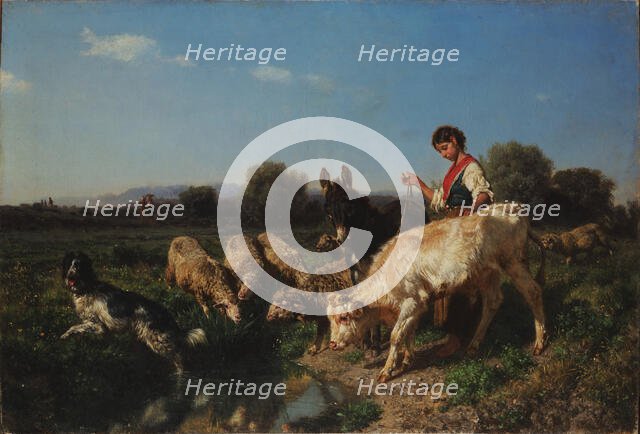 At the watering place. Pastoral scene. Midday. Group of goats and children, 1867. Creator: Palizzi, Filippo (1818-1899).