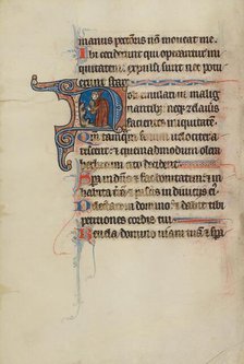 Initial N: A Man Holding a Wheat Sheaf; Bute Psalter, text and illumination about 1285. Creator: Bute Master.