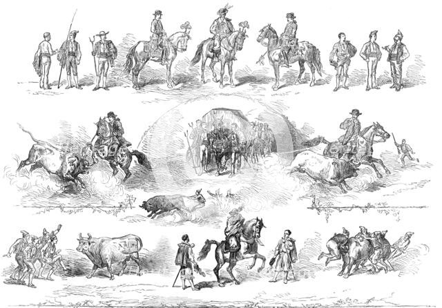 The performers in the bull-fight at Lisbon, 1874. Creator: Unknown.
