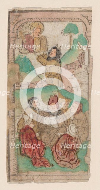 Moses Receiving the Law, illustration from a Biblia Pauperum blockbook, 4th edition, c..., ca. 1465. Creator: Anon.