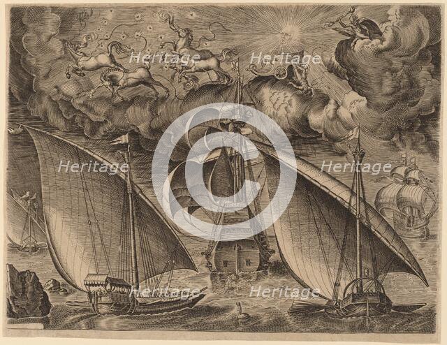 Two Galleys behind an Armed Three-Master with Phaethon and Jupiter in the Sky, 1565. Creator: Frans Huys.