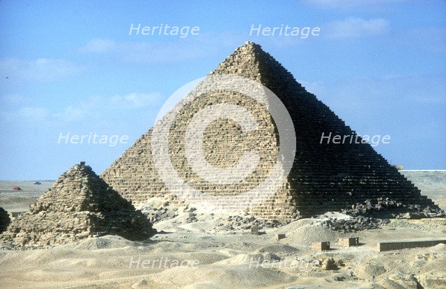 Pyramid of Mycerinus and one of the small pyramids of his queens, Giza, Egypt, c26th century BC. Artist: Unknown