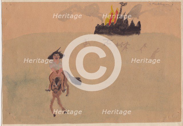 Girl on horse fleeing flaming fort, c1941. Creator: Shirley Markham.