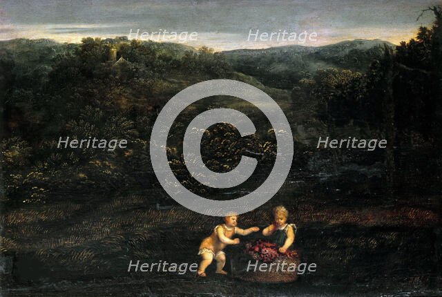 Landscape with two children and a basket of grapes, c. 1550. Creator: Bordone, Paris (1500-1571).
