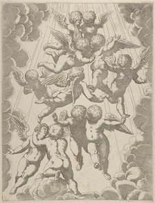 A group of angels embracing in flight, framed by clouds, after Reni, ca. 1600-1640. Creator: Anon.