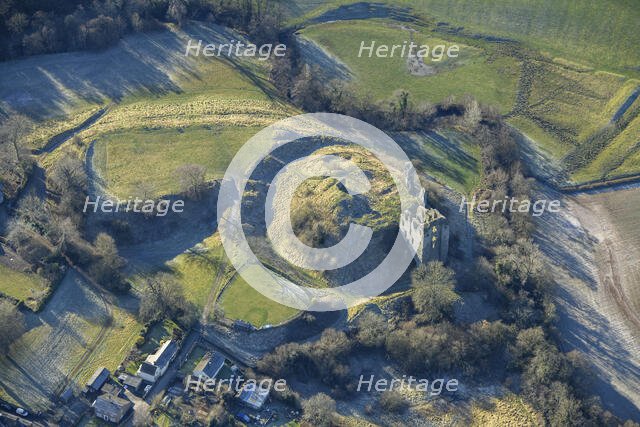 The remains of Clun Castle, a motte and bailey castle, Clun, Shropshire, 2024. Creator: Damian Grady.