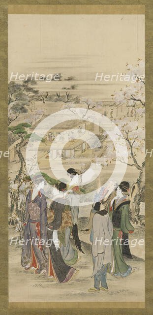 Landscape: parties of men and women looking at cherry blossoms, late 18th-early 19th century. Creator: Hokusai.