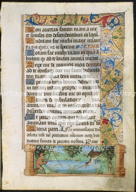 Leaf from a Book of Hours: Ape Fishing, c. 1500-1510. Creator: Unknown.