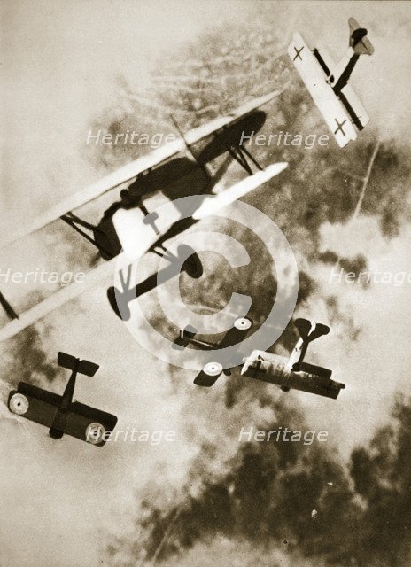 Dogfight between British and German aircraft, World War I, c1916-c1918. Artist: Unknown