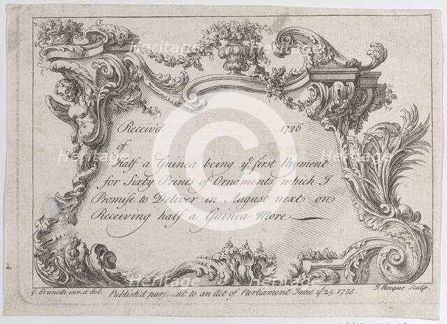 Trade card for Frazer, Army Printer, Stationer and Bookbinder, 1736. Creator: Jean La Rocque.