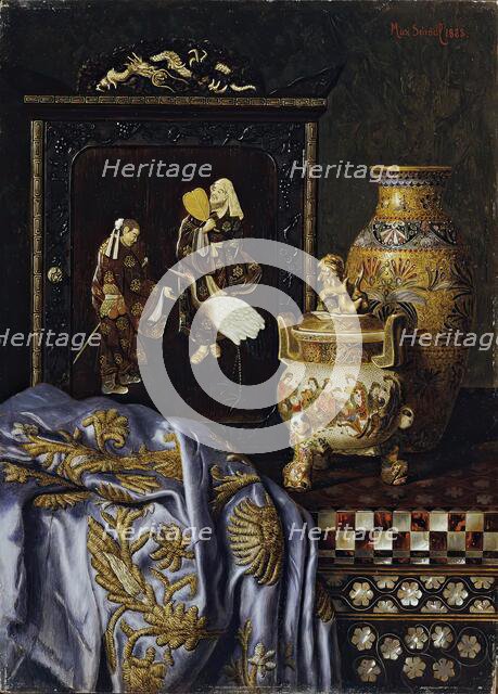 Still life with Japanese art objects, 1888. Creator: Max Schodl.