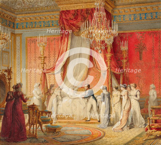 Napoléon I Presenting the Newborn King of Rome to Empress Marie Louise in Her Bedroom in the...,1811 Creator: Isabey, Jean-Baptiste (1767-1855).