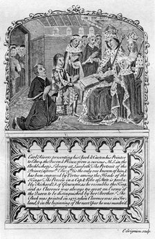 Earl Rivers presents his book to King Edward IV, c1477 (late 18th or early 19th century(?)). Artist: Charles Grignion