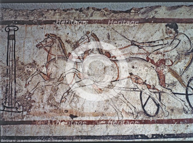 Fresco from a Lucan tomb in Paestum depicting a man in a carriage drawn by two horses.