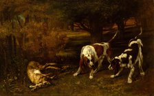 Hunting Dogs with Dead Hare, 1857. Creator: Gustave Courbet.