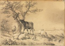 Landscape with Animals and Boy in Tree, 1866. Creator: Eugène Joseph Verboeckhoven (Belgian, 1798-1881).
