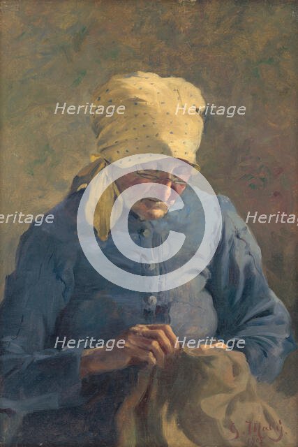 Old Woman Sewing, 1907. Creator: Gustav Mally.
