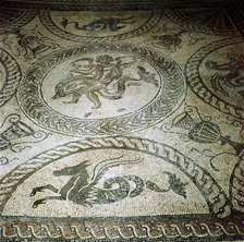 Seahorse and Cupid on Dolphin mosaic, Fishbourne Roman Villa, Sussex. Artist: Unknown