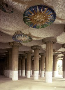 Detail of the roof of the forest of columns that support the great square of Guell Park, designed…