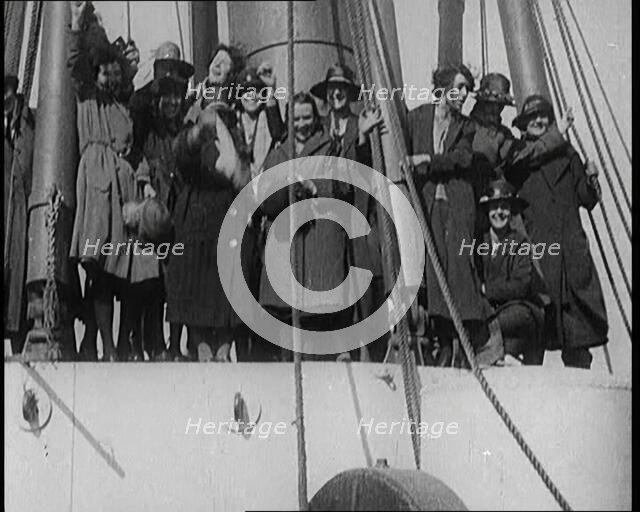 Dick Kerr's Female British Football Team Waving off from a Ship Heading to the United States.., 1922 Creator: British Pathe Ltd.