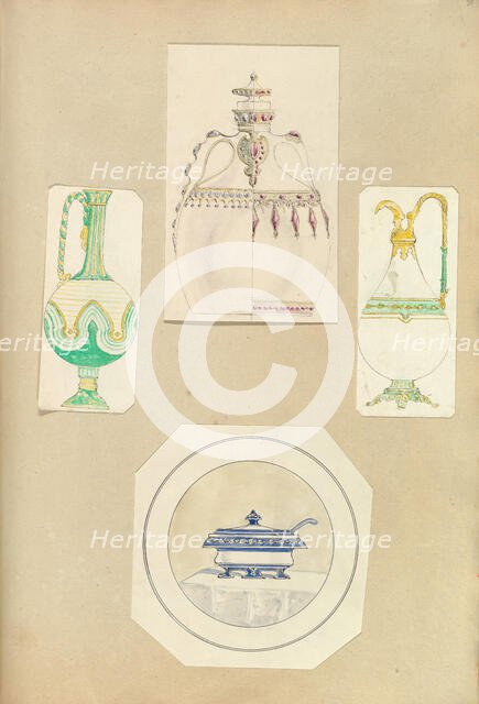 Designs for Two Ewers, a Carafe (two alternate designs), and a Covered Tureen, 1845-55. Creator: Alfred Crowquill.