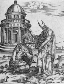 Alexander the Great kneeling before the High Priest of Ammon, between 1530 and 1536. Creator: Francesco Salviati.