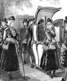 Three ladies of fashion on their way to "Ye Olde English Fayre," at the Albert Hall, 1881. Creator: W. I. Mosses.